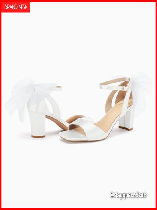 Coutgo Women Chunky Heel Bow Tie Sandals Satin Ankle Strap Dress Wedding Shoes